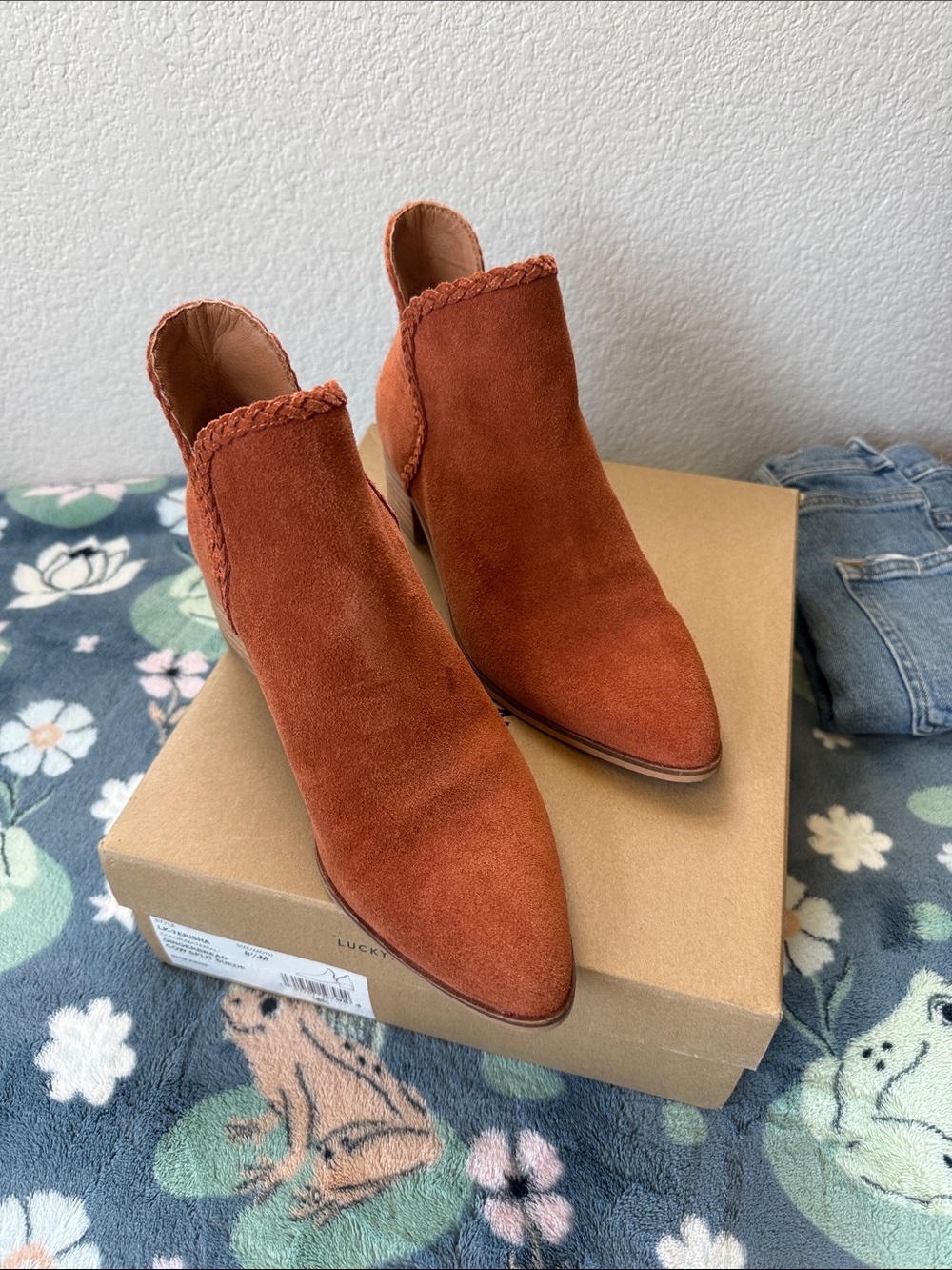 Lucky Brand Rust Suede Braided Trim Ankle Booties